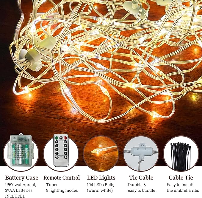 BenefitUSA Patio Umbrella Warm White Lights 8 Lighting Mode 104 LED String Lights with Battery and Remote Control Umbrella Lights Operated for Restaurant Coffee Shop Outdoor Garden Holidays Party