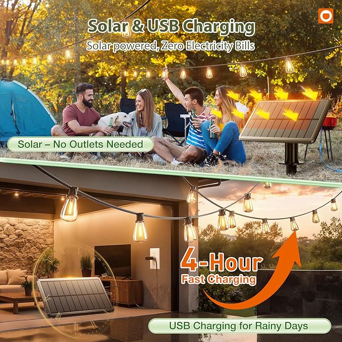 addlon 33(27+6) FT Solar String Lights Waterproof,Patio Light Solar Powered with Remote& USB Port 9+1 LED Shatterproof Bulbs 3 Lighting Modes Outdoor for Camping Backyard Garden