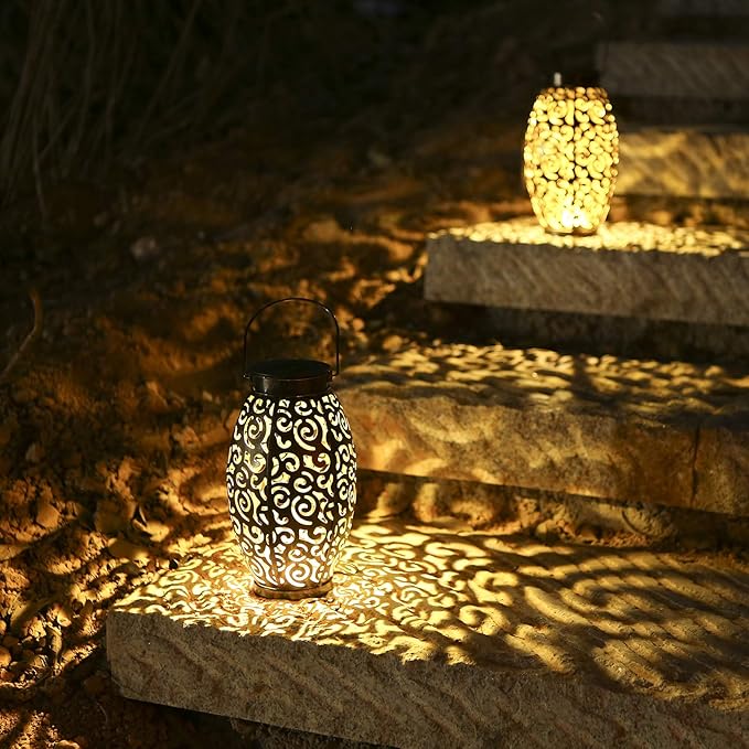 2 Pack Metal Hanging Solar Lanterns - Outdoor Solar Powered Lanterns with Handle, Waterproof, Decorative Garden Lights for Patio, Yard, Pathway, Walkway, Porch