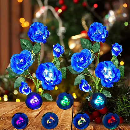 ANGMLN 2 Pack Solar Garden Lights, Solar Flower Lights Outdoor Waterproof with 10 Head Blue Rose 7-Color Changing Landscape Light for Garden Yard Pathway Patio Grave Cemetery Decoration