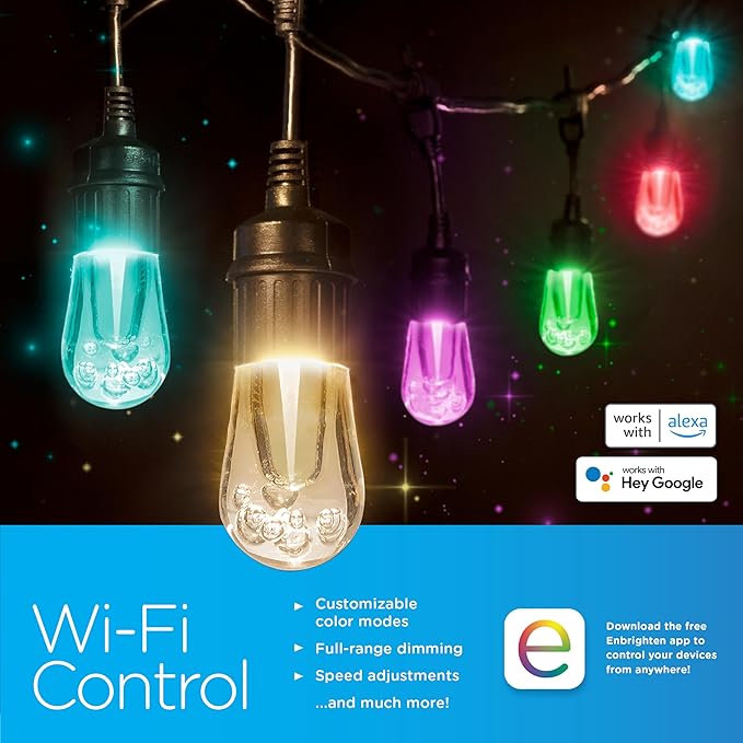Enbrighten LED Wi-Fi Smart Vintage Café Lights, 48ft, Multicolored/White, Patio, Backyard, Deck, Porch, Outdoor Lighting, Various Color Options, Smart Control, Bluetooth, Vintage Bulbs, 57415