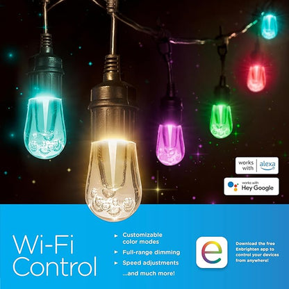 Enbrighten LED Wi-Fi Smart Vintage Café Lights, 48ft, Multicolored/White, Patio, Backyard, Deck, Porch, Outdoor Lighting, Various Color Options, Smart Control, Bluetooth, Vintage Bulbs, 57415