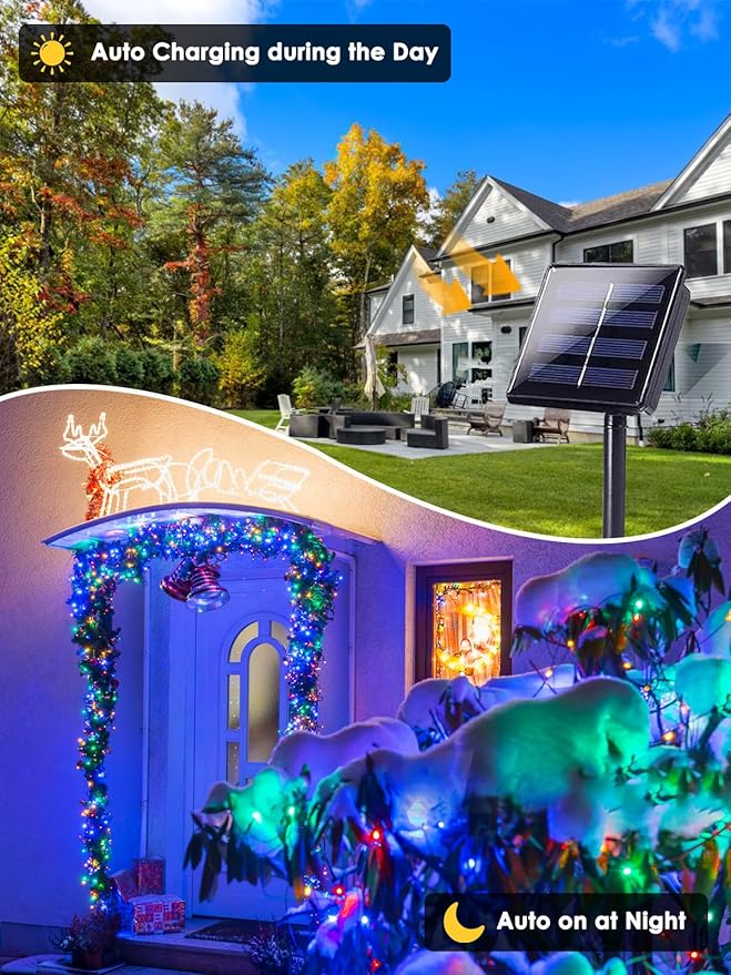 2 Pack 200 LED Solar Christmas Lights Outdoor, Solar String Lights for Outside with 8 Lighting Modes, Waterproof Green Wire Solar Powered Tree Light for Xmas Party Yard Garden Decorations (Multicolor)