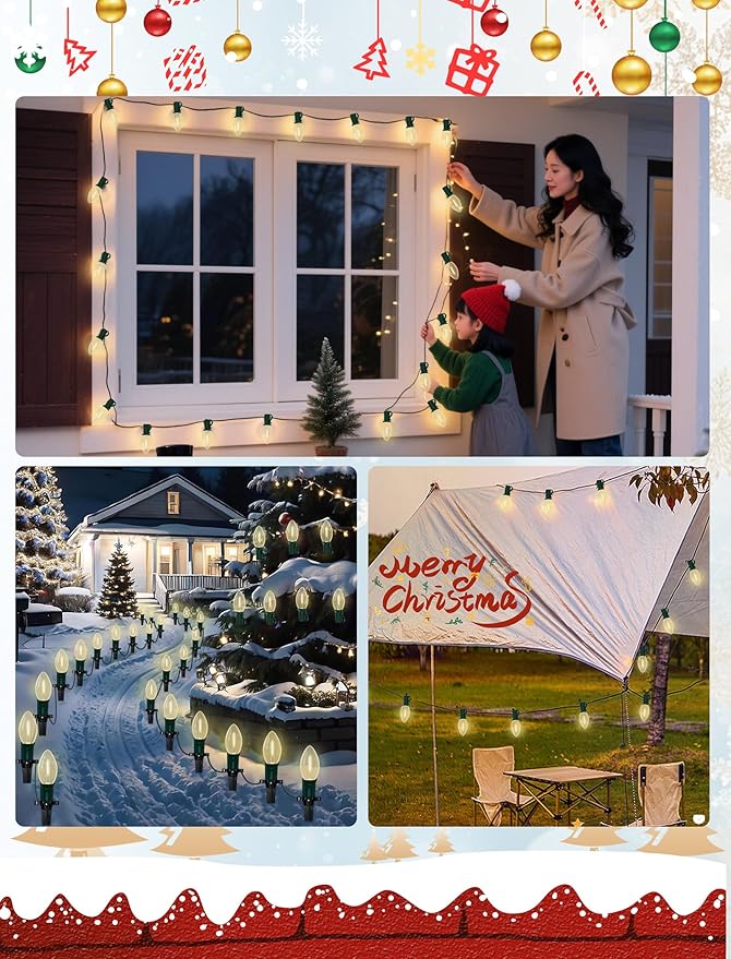 Vintage C9 LED Christmas Lights Outdoor, 25Ft LED C9 Warm White Christmas String Lights with 26 Clear Bulbs | Lumora