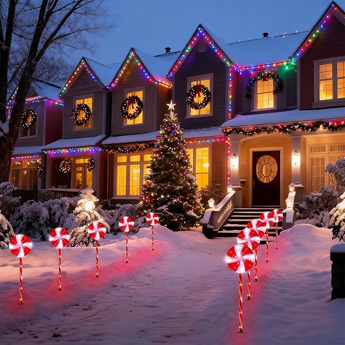 BRIGHTDECK Lollipop Solar Christmas Pathway Lights Outdoor, 10 Pack LED Christmas Decor with 8 Lighting Modes, Light Up Solar Stake Lights for Holiday, Xmas, Walkway, Sidewalk (Red, 10 PCS)