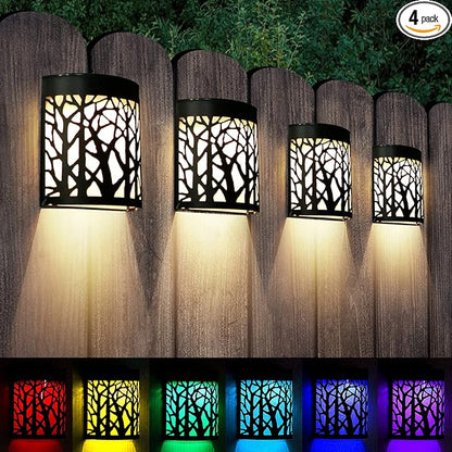 DenicMic Solar Wall Lights Outdoor Wall Sconce Fence Lighting for Patio Front Door Yard Deck Stair Led Forest Decorative Lamps, Waterproof, Warm White Color Changing (4 Pack)
