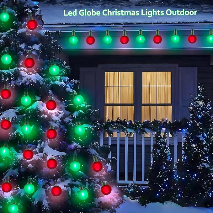 50Ft G40 Outdoor Christmas Lights, LED G40 Colored Christmas Lights with 27 Shatterproof Frosted Globe Light Bulbs(2 Spare) for Holiday Gifts Bistro Balcony Roofline Garden Decor-Red and Green