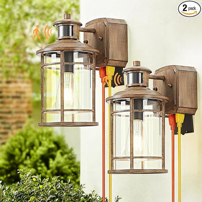 OKELI Upgraded Porch Lights with GFCI Outlet-Motion Sensor & Dusk to Dawn Outdoor Light Fixture,3 Lighting Modes Waterproof Anti-Rust Faux Wood Grain Outdoor Lights for House Porch Garage (2 Pack