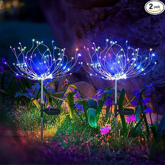 Anordsem Solar Garden Lights Outdoor: Waterproof 120 LED Fireworks Multicolor Starburst - Christmas Decoration Dandelion Lighting Yard Patio Pathway - Holiday Party Gifts for Homeowners