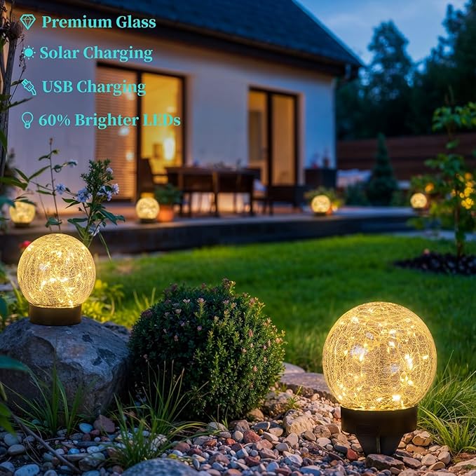 4 Packs Solar Globe Lights Outdoor USB Charged Garden Decor 3.94" Diameter 30LED 1000mAh Solar Globe Lights for Outdoor Indoor Mothers Day Gifts Holiday Decor(3.94'' Medium 4 Pack Warm White)