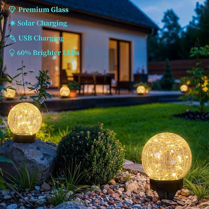 4 Packs Solar Globe Lights Outdoor USB Charged Garden Decor 3.94" Diameter 30LED 1000mAh Solar Globe Lights for Outdoor Indoor Mothers Day Gifts Holiday Decor(3.94'' Medium 4 Pack Warm White)