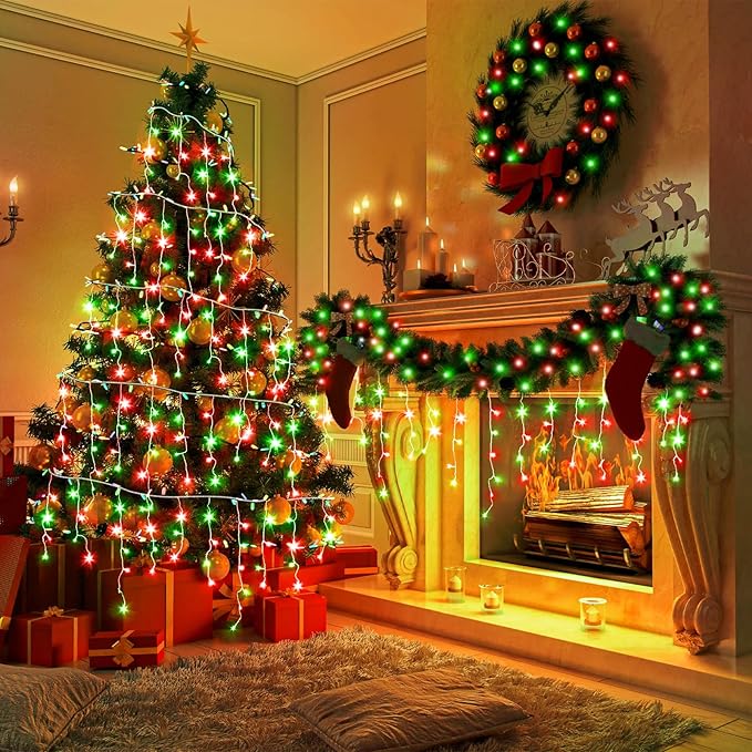33ft Icicle Lights for Outside, Red and Green Christmas Lights Outdoor Indoor, 400 LED Twinkle String Lights with | Lumora
