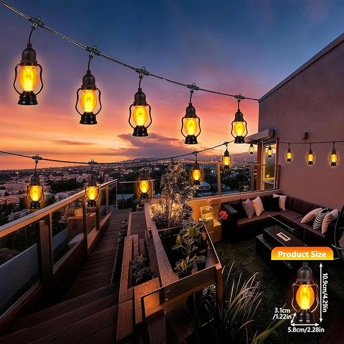 Flame String Lights Indoor Outdoor, 21FT Patio Lights with 10 Flickering Flame Bulb, Timer, Waterproof LED Outdoor Decorative Orange Lights for Patio, Yard, Bistro, Porch, Garden Decor