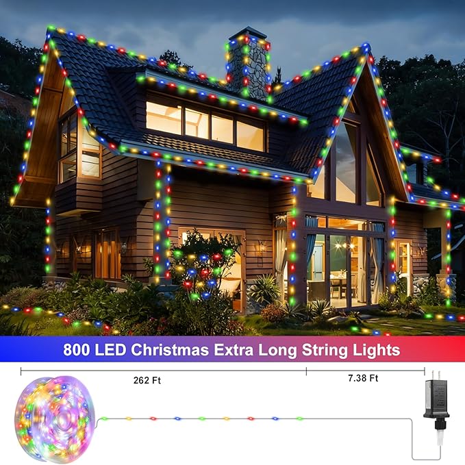 262FT 800LED Christmas Lights Outdoor, Outdoor Transparent Wire Christmas Tree Lights with 8 Modes Waterproof, Plug in String Light for Outside Indoor Xmas Tree House Holiday Wedding Party Decor