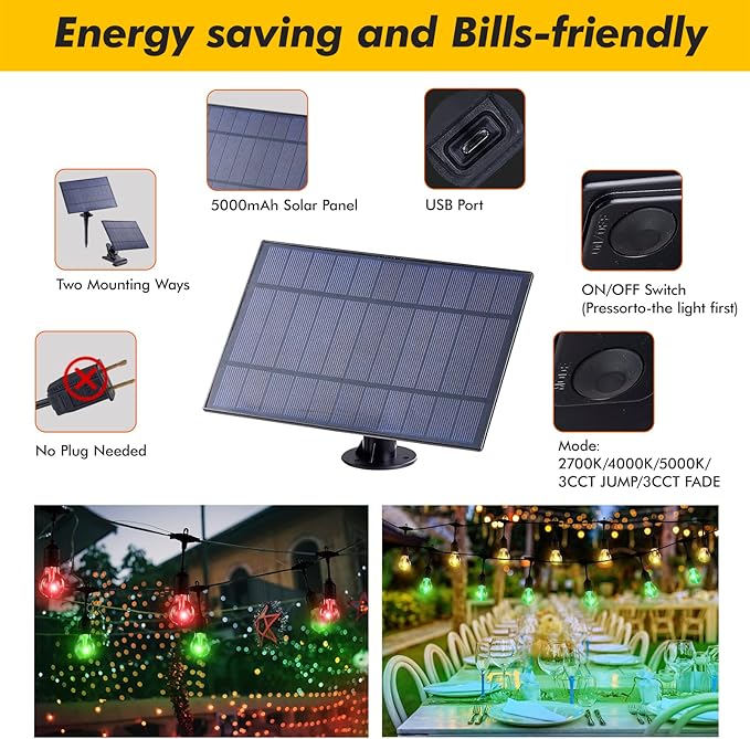 Solar Outdoor RGB String Lights, 48FT Dimmable Patio Lights with 15 Shatterproof Edison Bulbs, Commercial Grade | Lumora