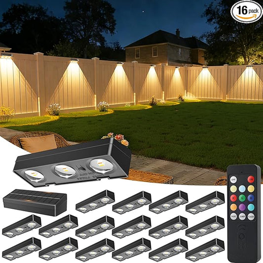 Solar Fence Lights with Remote 16 Pack, Color Changing RGB & Warm White, 12 Dynamic Modes, IP65 Waterproof, Solar Lights for Fence, Deck, Backyard, Patio Holiday & Party Decoration