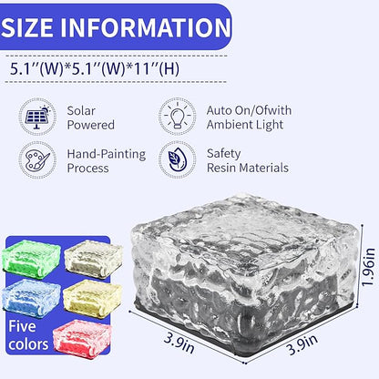 Solar Powered LED Glass Brick Lights, Multicolor Water Ripple Design, Waterproof In-Ground Landscape Path Lights for Outdoor Garden Patio Walkway (Green)