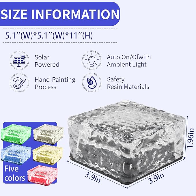 Solar Powered LED Glass Brick Lights, Multicolor Water Ripple Design, Waterproof In-Ground Landscape Path Lights | Lumora
