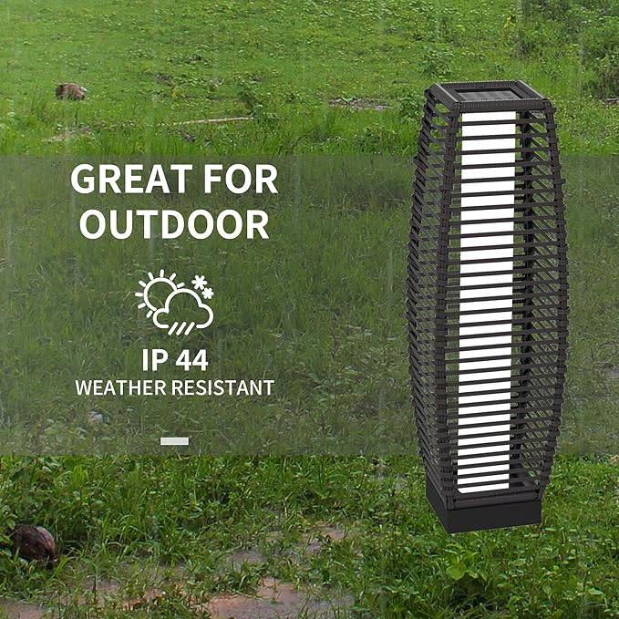 Outsunny Solar Floor Lamp, Outdoor Rattan Garden Lantern Pathway Light & Decorative Driveway Lighting with Auto On/Off LED Lights for Porch, Yard, Lawn, Courtyard, Deck, Gray