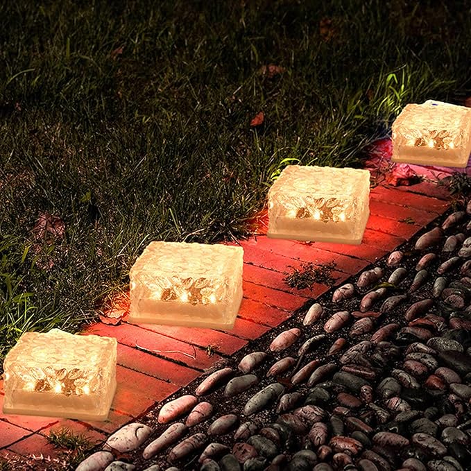 Solar Ice Cube Shaped Brick Light, 4x4x2.15 Inch Ice Cube Shaped Brick Warm White Outdoor Solar Garden Decorative | Lumora
