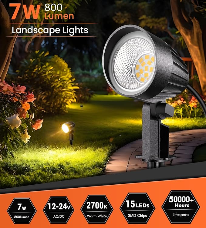 MEIKEE 7W Low Voltage LED Landscape Lights 800LM 12V Outdoor Landscape Lighting 2700K Warm White IP66 Waterproof | Lumora