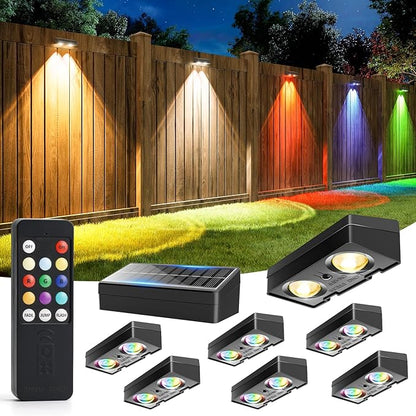 Fence Lights Solar Powered with Remote, 9 Fixed Colors 12 Modes, Solar Fence Lights Outdoor Waterproof, Warm/Cool White, RGB LED Deck Lights for Yard/Railing/Balcony/Patio/Stair/Outside, 8 Pack