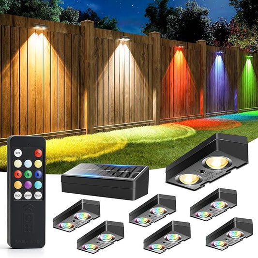 Fence Lights Solar Powered with Remote, 9 Fixed Colors 12 Modes, Solar Fence Lights Outdoor Waterproof, Warm/Cool White, RGB LED Deck Lights for Yard/Railing/Balcony/Patio/Stair/Outside, 8 Pack