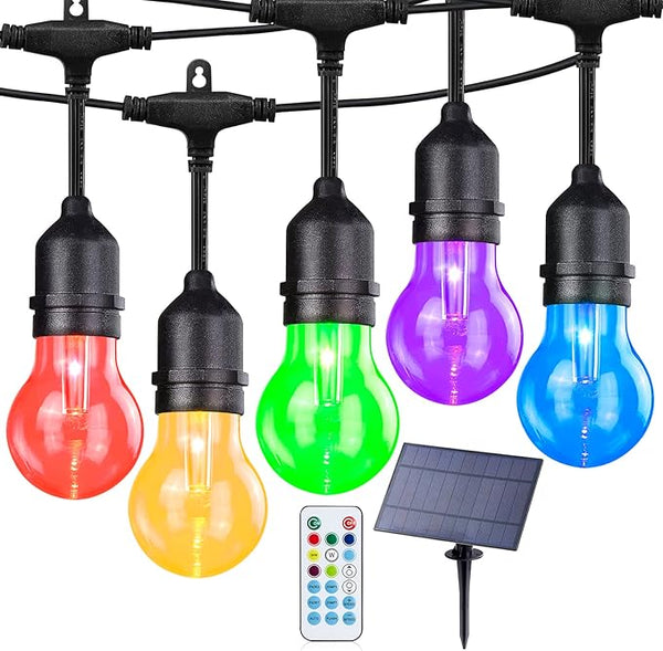 Solar Outdoor RGB String Lights, 48FT Dimmable Patio Lights with 15 Shatterproof Edison Bulbs, Commercial Grade | Lumora