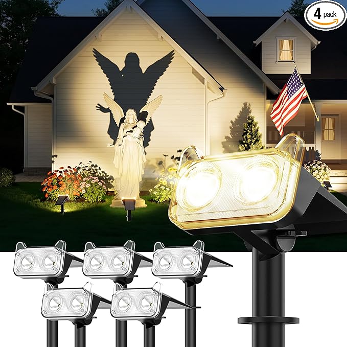 LETMY Solar Spot Lights Outdoor Waterproof with Bigger LED, 4 Pack 135°Adjustable Solar Lights Outdoor, 2-in-1 Wall Lights & 2 Modes Landscape Spotlights for Tree Yard Pathway Garden Decor(Warm White)