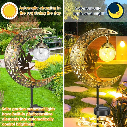 Solar Garden Lights, Moon Fairy Crackle Glass Stake Lights, Waterproof Warm White LED Metal Stake Decorative Lights, Outdoor Pathway Light, Solar Powered Garden Decorations for Walkway Lawn Patio Yard