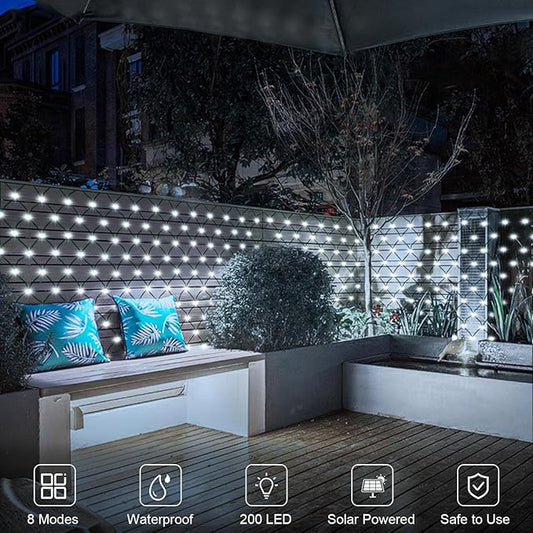 Solar Net Lights 200 LED Outdoor Mesh Light with 8 Modes Waterproof Net Bush Lights for Bushes Hedge Yard Garden Decor, 9.8 x 6.6Ft Dark Green Cable (Cool White)