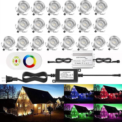 Low Voltage LED Deck Light Kit Multi-Color RGB Waterproof Recessed Wood Decking Stairs Garden Yard Patio Decor Lamp Black Border Outdoor LED Landscape Lighting (20pcs)
