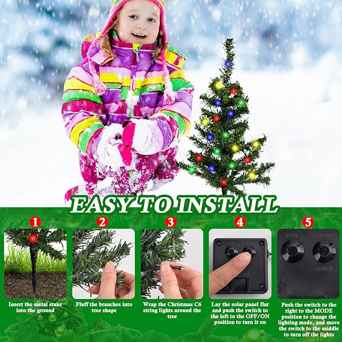 2 Pack Solar Christmas Tree Lights Outdoor - 22 Inch Solar Christmas Tree with 100 LED Multi-color C6 String Lights for Outside Decorations, Outdoor Decor Xmas Lighted Trees for Yard Pathway Cemetery