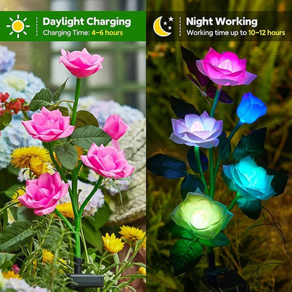 RECHOO Solar Garden Lights Outdoor Decorative, 3 Pack Solar Flower Lights with 15 Rose Flowers, Multi-Color Changing LED Waterproof Garden Decor for Landscape Pathway, Mother's Day Gifts for Women
