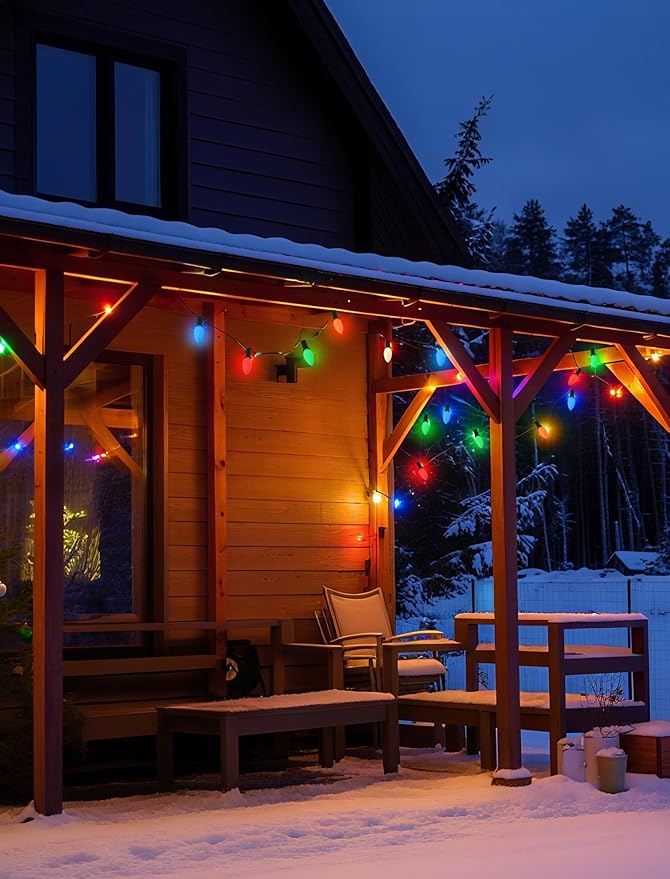 C9 Vintage Christmas String Lights with 26 Multicolor Ceramic Bulbs, 25FT Hanging Outdoor & Indoor String Lights for Christmas Tree Patio Roofline Decoration (Green Wire)