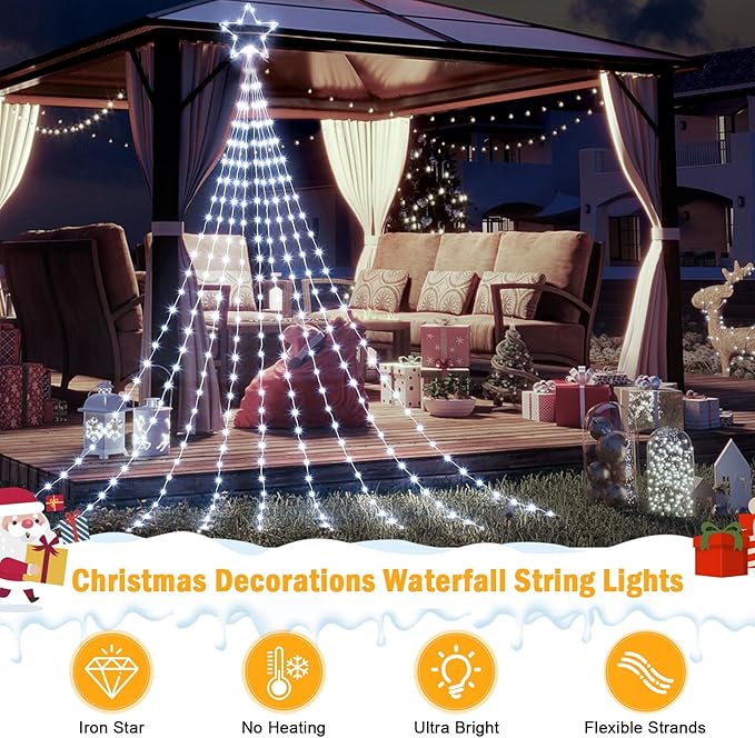 Christmas Decorations Star String Lights, 344 LED Waterfall Tree Lights with 11" Topper Iron Star Christmas Lights Indoor Outdoor Decorative for Wedding Party Home Holiday Decor (Pure White)
