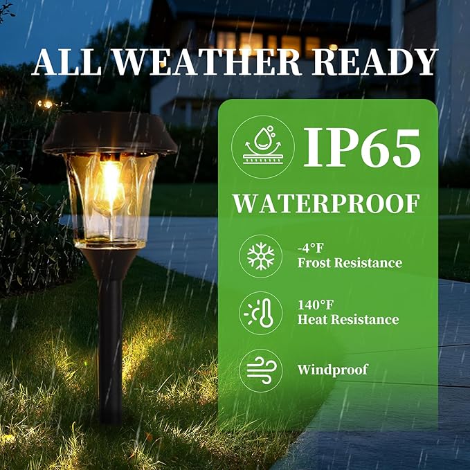 Solar Lights Outdoor Waterproof, Glass & Stainless Steel LED Stake Lamps, Dimmable 12/25 Lumens IP65, Auto On/Off Solar Powered Lighting for Patio, Sidewalk, Front Yard, Walkway (4 Pack Warm White)