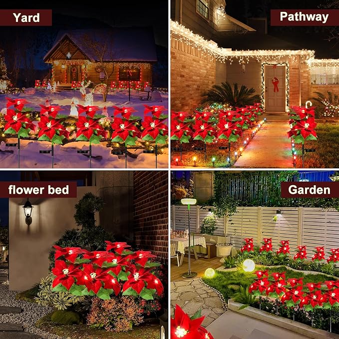 Aolyty Solar Garden Lights, IP65 Waterproof Solar Flowers Lights Landscape Lighting Simulation Poinsettia LED Light for Pathway, Garden, Patio, Yard, Lawn Outdoor Decorative (2 Pack)