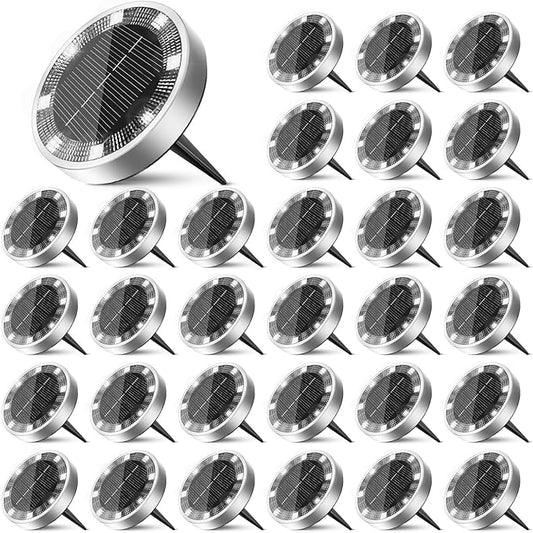 30 Pack Solar Ground Lights Outdoor, 8 LED Mini Flat Solar Disk Lights, IP65 Waterproof Anti-Rust Disc Light, Landscape Lighting for Garden Pathway Yard Walkway Driveway Lawn,Cool White