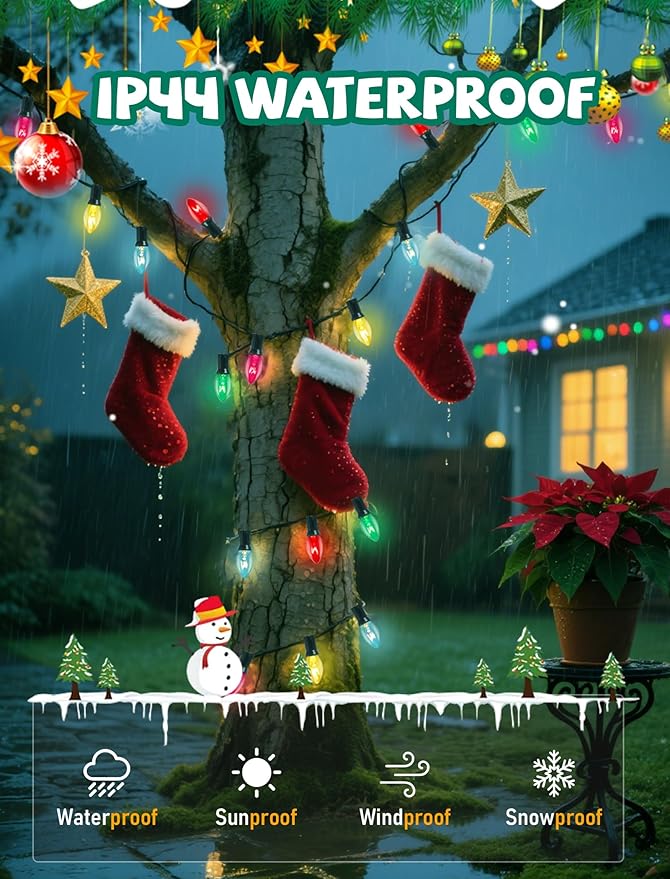 25Ft Multicolor Chritsmas Lights Outdoor, C7 Vintage String Lights with 27 Colorful Clear Incandescent Bulbs, Hanging Patio Lights for Porch Roofline Christmas Tree Garden Pathway Indoor Decor