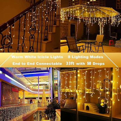 Joomer Christmas Icicle Lights - 33FT Plug in String Lights Waterproof, 8 Modes Timer Connectable Outdoor String Light for Christmas Party, Eaves, Roofs, Xmas Decorations (Warm White)
