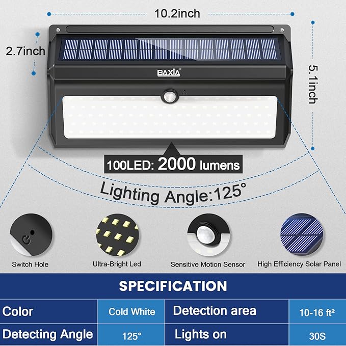 BAXIA TECHNOLOGY Solar Lights Outdoor, Wireless 100 LED Solar Motion Sensor Lights Waterproof Security Wall Lighting Outside for Front Door, Backyard, Steps, Garage, Garden (2000LM, 4PACK)
