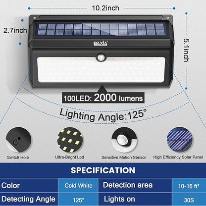 BAXIA TECHNOLOGY Solar Lights Outdoor, Wireless 100 LED Solar Motion Sensor Lights Waterproof Security Wall Lighting Outside for Front Door, Backyard, Steps, Garage, Garden (2000LM, 4PACK)