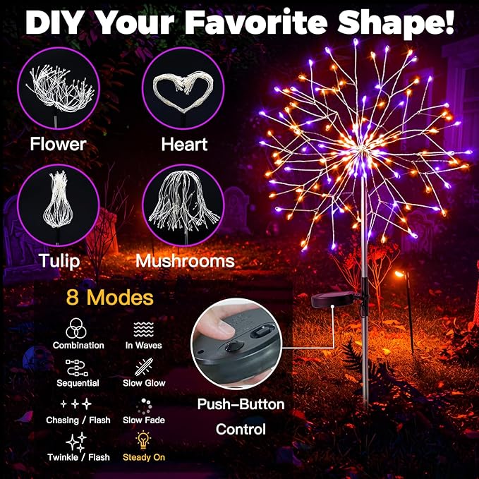 suddus Solar Halloween Lights Outdoor Solar Powered, Upgrade 2-Pack Orange & Purple Solar Firework Lights | Lumora