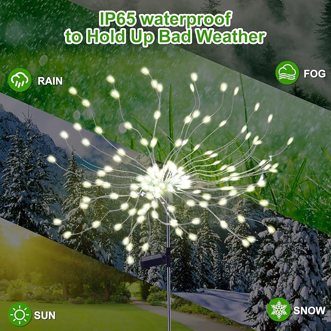 4 Pcs Solar Garden Light Outdoor,175 LED Solar Firework Lights for Yard, 2 Modes IP67 Waterproof Copper Wire DIY Decorative Light, Starburst Lights for Party Patio（Warm White）