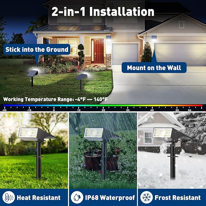 Solar Spot Lights Outdoor, 2 Pack Outdoor Solar Lights for Yard Waterproof, 4 Lighting Modes Solar Landscape | Lumora