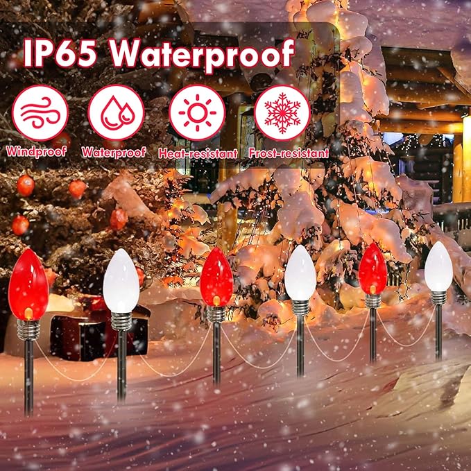 Jumbo C9 Christmas Decorations Outdoor Waterproof, 12 Pack Red And White Solar Christmas Lights Outdoor With Pathway Stakes, Solar Powered Lights For Outside Yard Lawns Garden Christmas Decorations