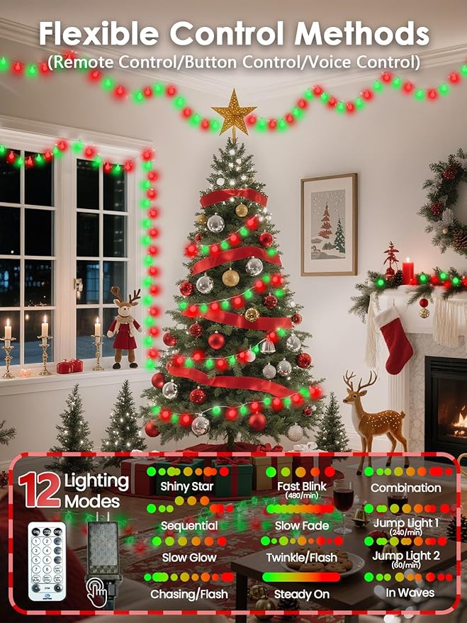 2025 New Connectable 43FT Smart Voice Controlled Christmas String Lights Indoor Outdoor | 100LED Red and Green Globe Twinkle Lights with Remote & Timer | 12 Modes Waterproof Christmas Tree Decorations