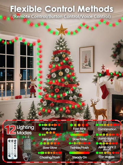 2025 New Connectable 43FT Smart Voice Controlled Christmas String Lights Indoor Outdoor | 100LED Red and Green Globe Twinkle Lights with Remote & Timer | 12 Modes Waterproof Christmas Tree Decorations