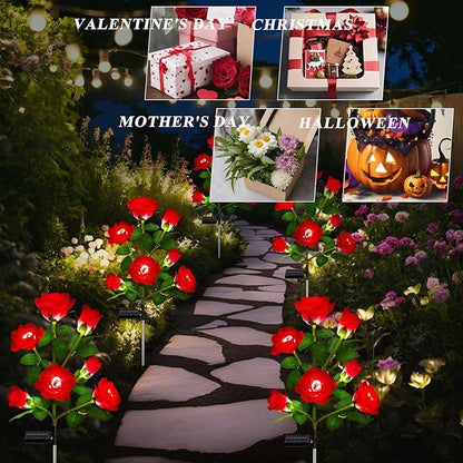 DWH 1 Pack Solar Garden Lights Outdoor, 7-Flower Rose Solar Lights for Yard, LED Solar Powered Stake Lights for Patio Pathway Lawn Fence Cemetery, Red
